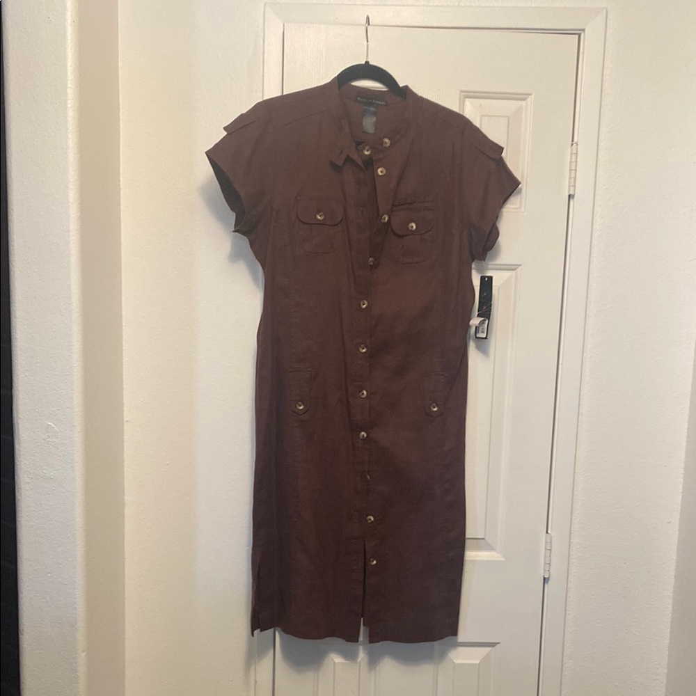 BNWT Brown Button-Up Shirt Dress 100% Linen size 12